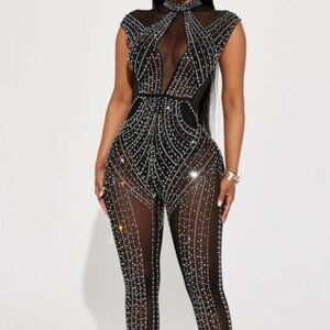 Fashion Nova Yara Black Rhinestone Embellished Jumpsuit with Mesh Cutouts- XS